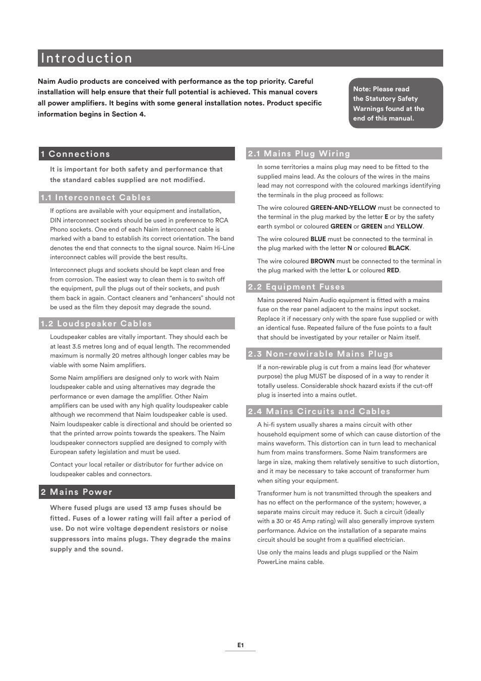 1 connections, 1 interconnect cables, 2 loudspeaker cables | 2 mains power, 1 mains plug wiring, 2 equipment fuses, 3 non-rewirable mains plugs, 4 mains circuits and cables, Introduction | Naim Audio NAP 500 User Manual | Page 3 / 15