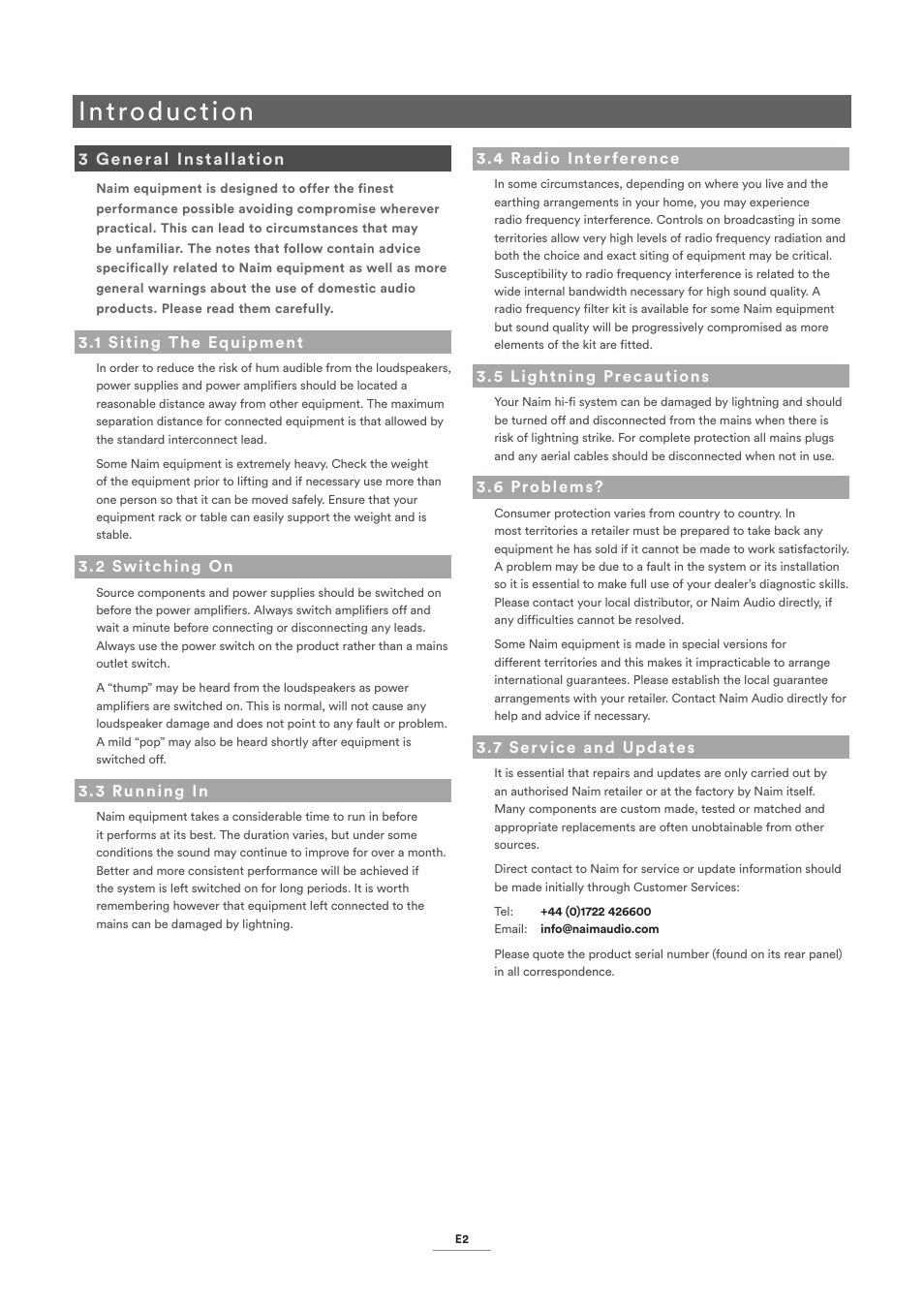 3 general installation, 1 siting the equipment, 2 switching on | 3 running in, 4 radio interference, 5 lightning precautions, 6 problems, 7 service and updates, Introduction | Naim Audio NAP 500 User Manual | Page 4 / 15