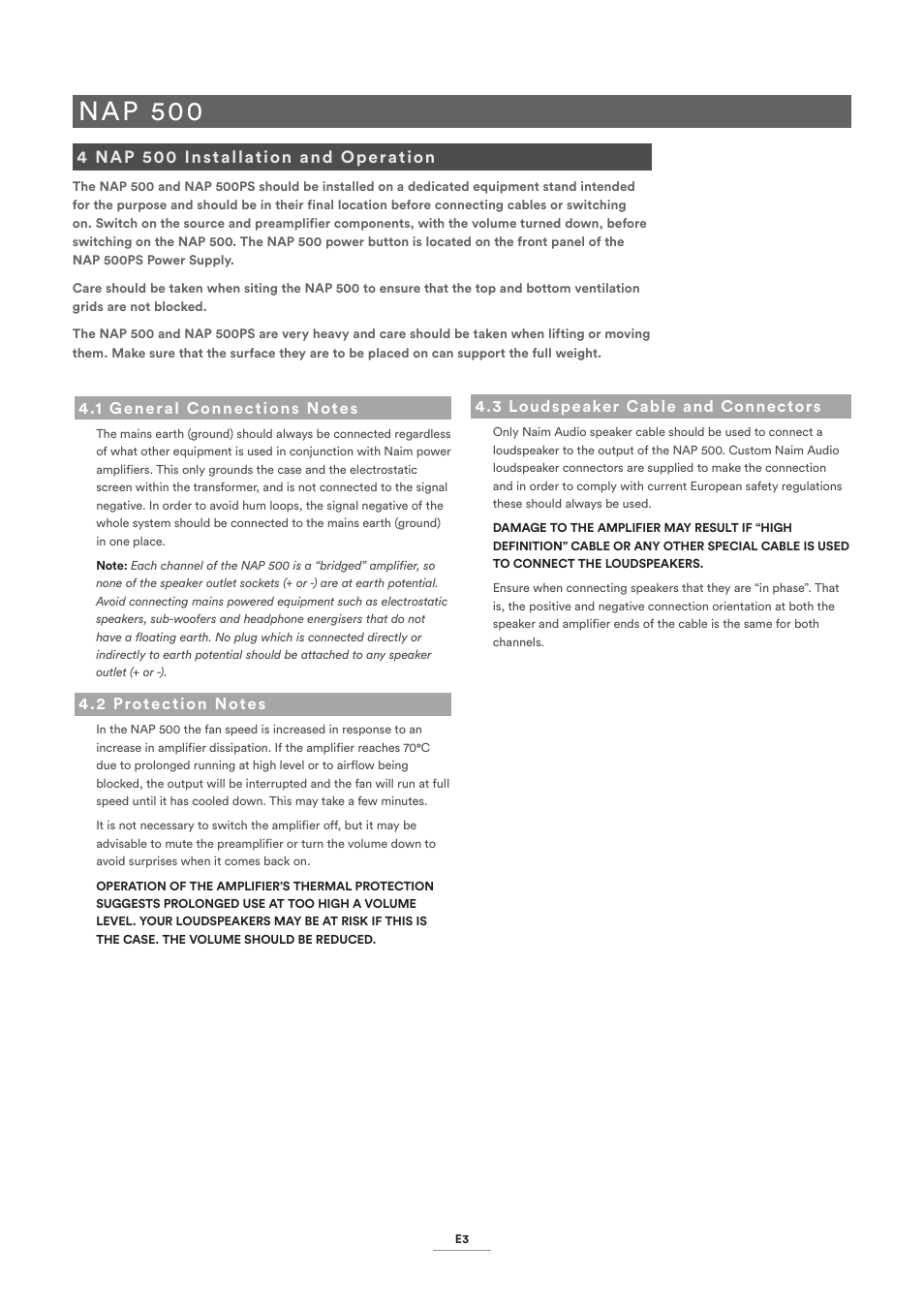 4 nap 500 installation and operation, 1 general connections notes, 2 protection notes | 3 loudspeaker cable and connectors, Nap 500 | Naim Audio NAP 500 User Manual | Page 5 / 15
