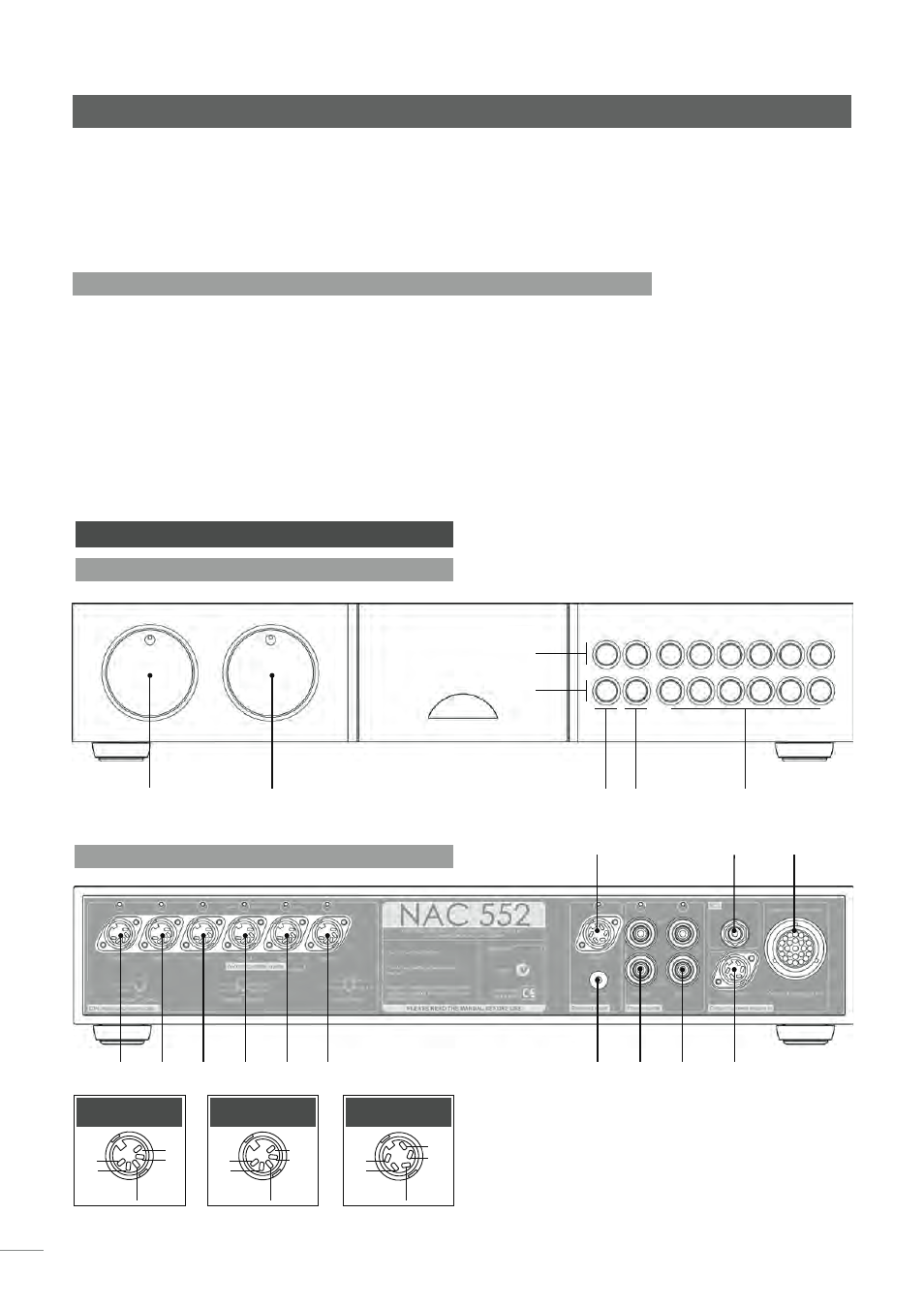 Nac 552 preamplifier, 5 nac 552 controls and connections, 3 socket types and assignment defaults | 1 nac 552 front, 2 nac 552 rear | Naim Audio NAP 500 User Manual | Page 6 / 44