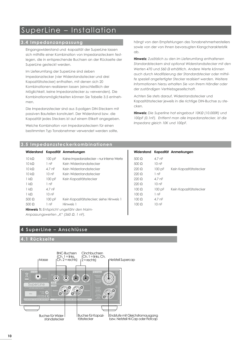 Superline – installation, 4 superline – anschlüsse, 1 rückseite | 4 impedanzanpassung, 5 impedanzsteckerkombinationen | Naim Audio SuperLine User Manual | Page 12 / 32