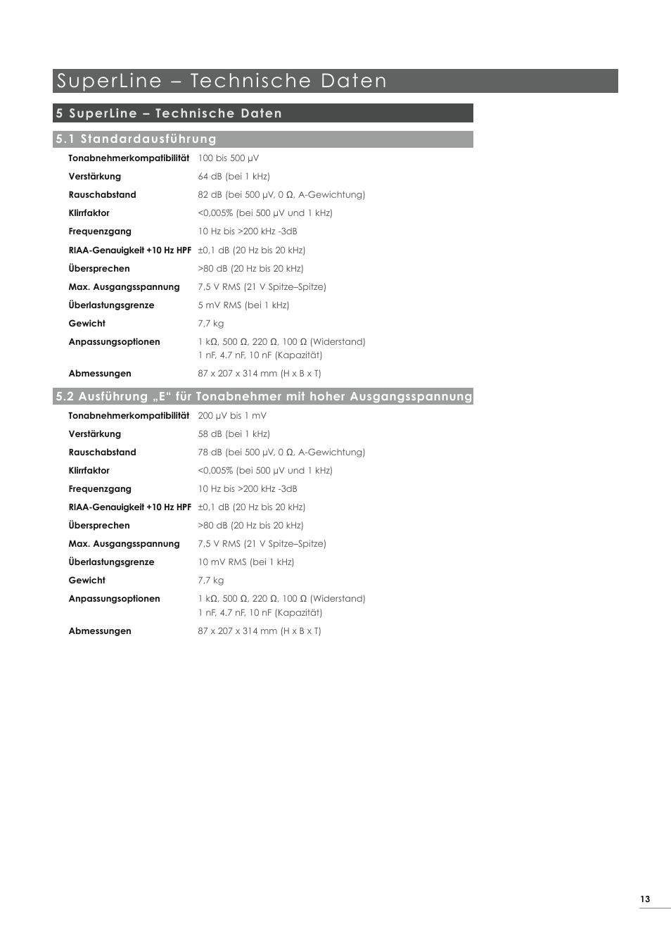 Superline – technische daten, 5 superline – technische daten, 1 standardausführung | Naim Audio SuperLine User Manual | Page 15 / 32
