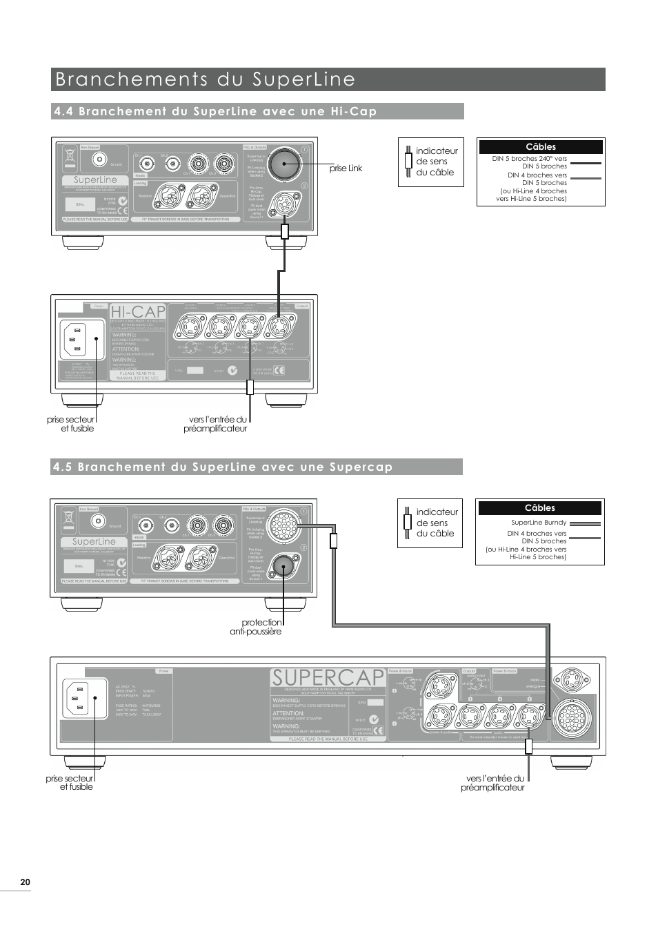 Branchements du superline, 5 branchement du superline avec une supercap, 4 branchement du superline avec une hi-cap | Naim Audio SuperLine User Manual | Page 22 / 32