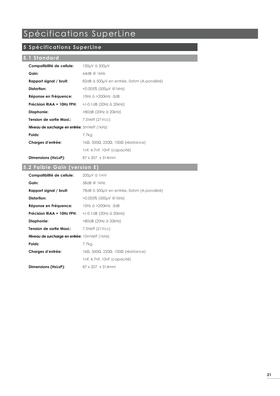 Spécifications superline, 5 spécifications superline, 1 standard | 2 faible gain (version e) | Naim Audio SuperLine User Manual | Page 23 / 32