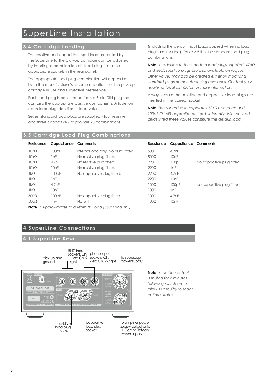 Superline installation, 4 superline connections, 1 superline rear | 4 cartridge loading, 5 cartridge load plug combinations | Naim Audio SuperLine User Manual | Page 4 / 32
