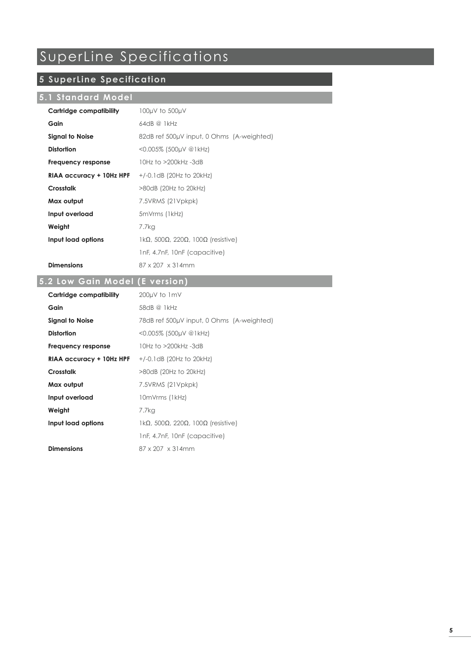 Superline specifications, 5 superline specification, 1 standard model | 2 low gain model (e version) | Naim Audio SuperLine User Manual | Page 7 / 32