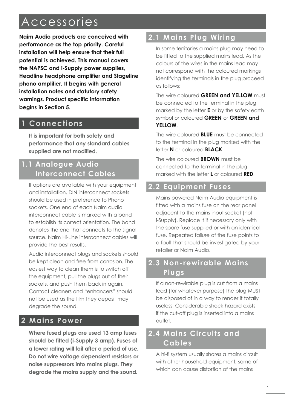 Accessories, 1 connections, 2 mains power | 1 analogue audio interconnect cables, 1 mains plug wiring, 2 equipment fuses, 3 non-rewirable mains plugs, 4 mains circuits and cables | Naim Audio HeadLine User Manual | Page 3 / 12