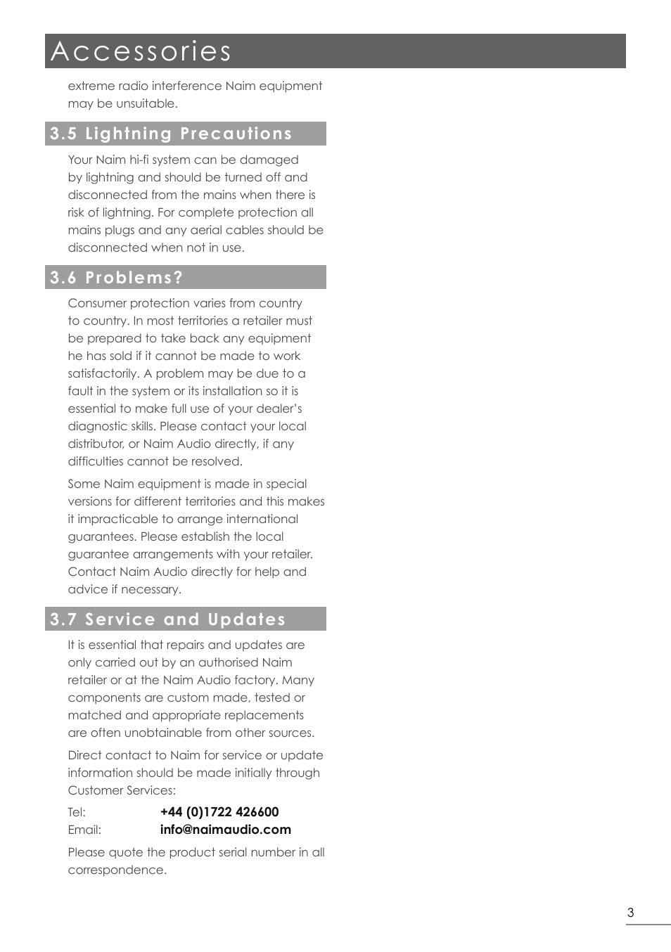 Accessories, 5 lightning precautions, 6 problems | 7 service and updates | Naim Audio HeadLine User Manual | Page 5 / 12