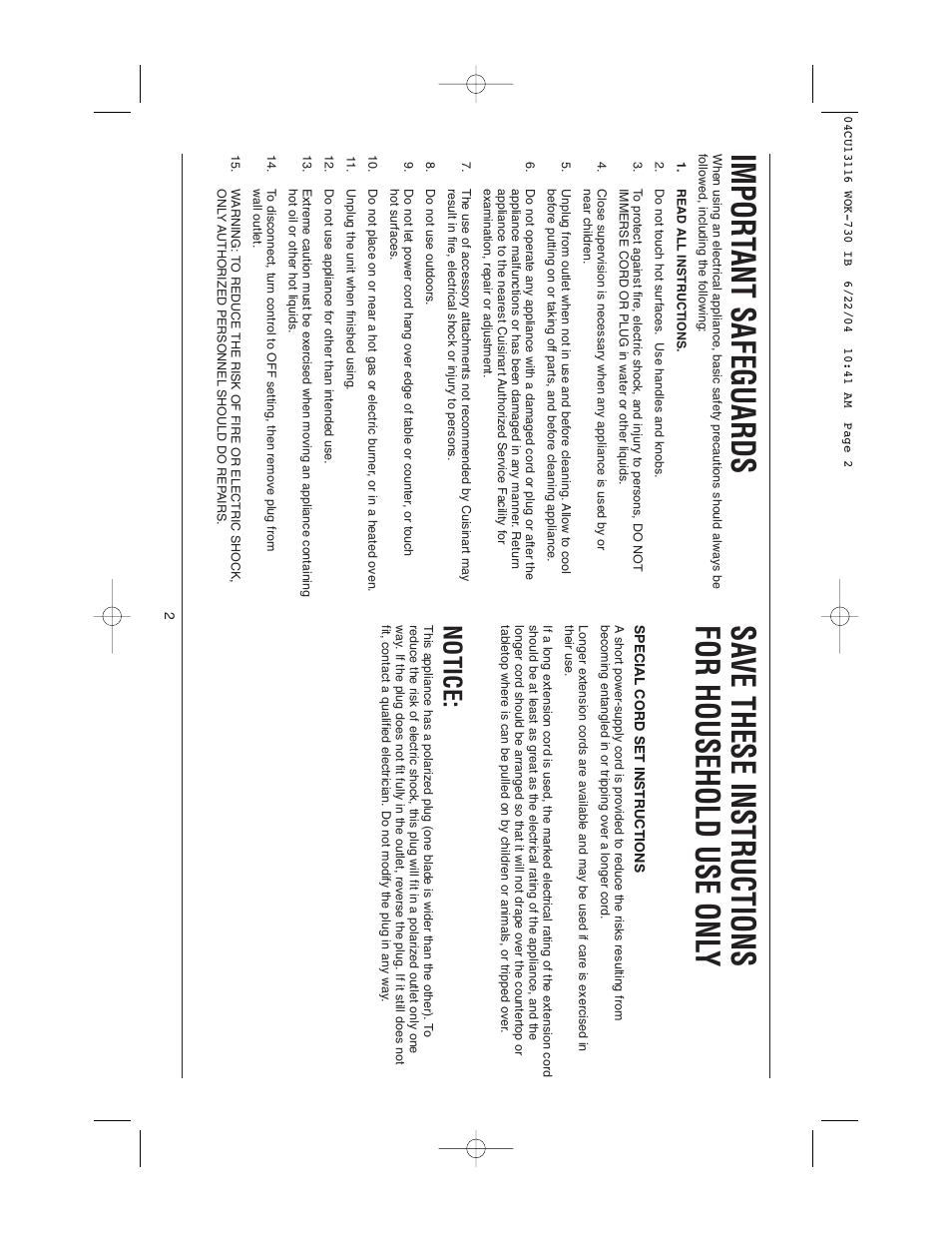 Impor tant safeguards, Sa ve these instructions for household use onl y, Notice | Cuisinart WOK-730 User Manual | Page 2 / 9