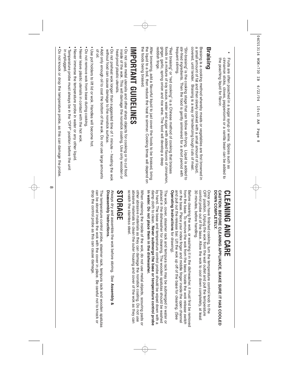 Impor tant guidelines, Cleaning and care, Storage | Braising | Cuisinart WOK-730 User Manual | Page 8 / 9