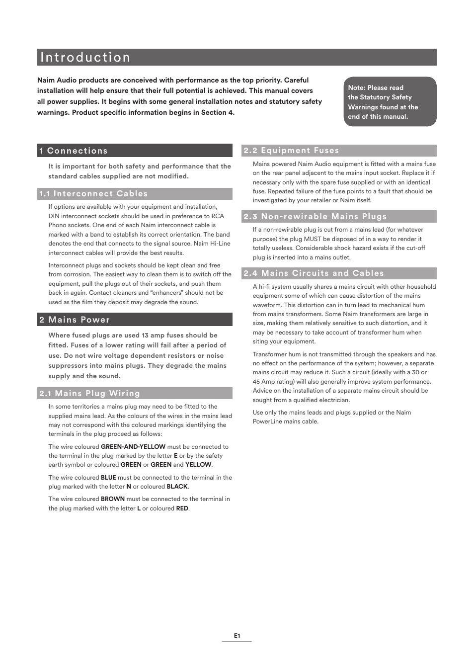 1 connections, 1 interconnect cables, 2 mains power | 1 mains plug wiring, 2 equipment fuses, 3 non-rewirable mains plugs, 4 mains circuits and cables, Introduction | Naim Audio 555 PS User Manual | Page 3 / 8