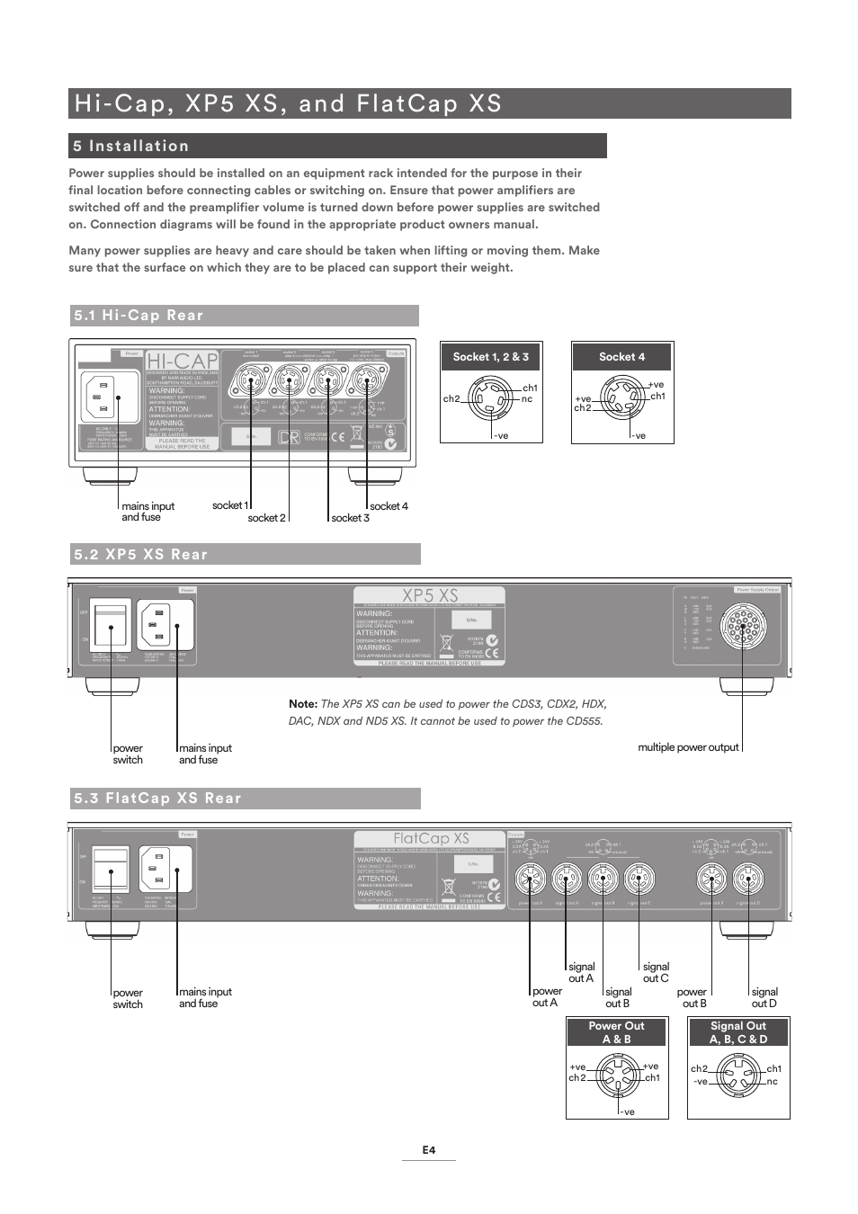 5 installation, 1 hicap rear, 2 xp5 xs rear | 3 flatcap xs rear, Hi-cap, xp5 xs, and flatcap xs, 1 hi-cap rear, 3 flatcap xs rear 5.2 xp5 xs rear | Naim Audio 555 PS User Manual | Page 6 / 8