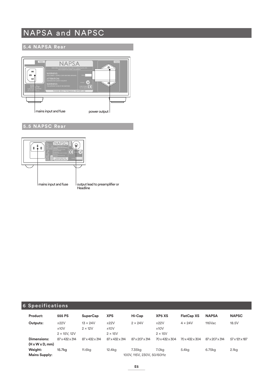 4 napsa rear, 5 napsc rear, 6 specifications | Napsa and napsc | Naim Audio 555 PS User Manual | Page 7 / 8