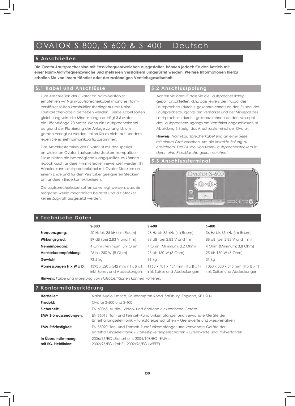 5 anschließen, 6 technische daten, 7 konformitätserklärung | Naim Audio Ovator S-800 User Manual | Page 15 / 72