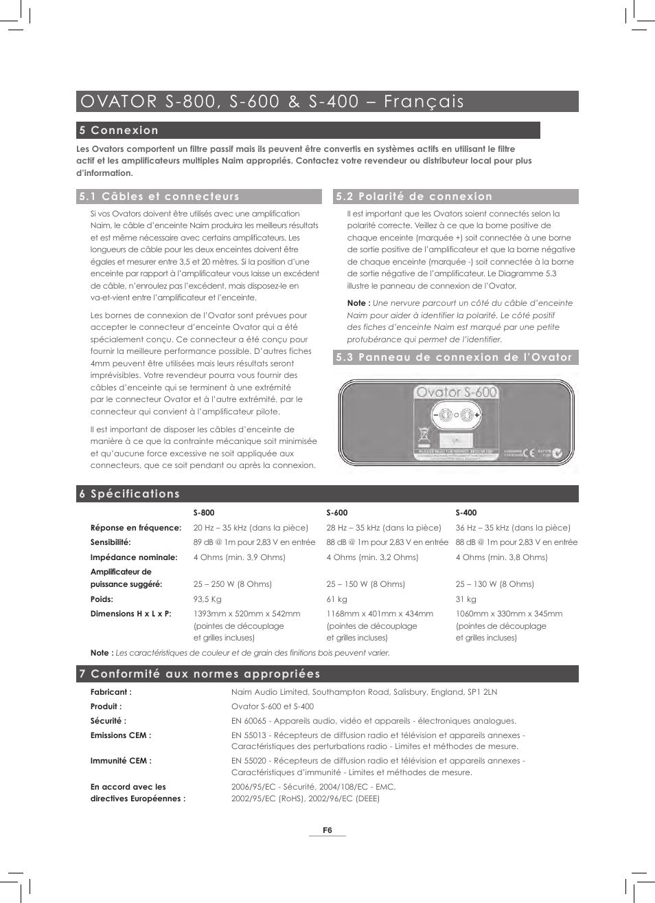 5 connexion, 6 spécifications, 7 conformité aux normes appropriées | 1 câbles et connecteurs, 3 panneau de connexion de l’ovator, 2 polarité de connexion | Naim Audio Ovator S-800 User Manual | Page 23 / 72