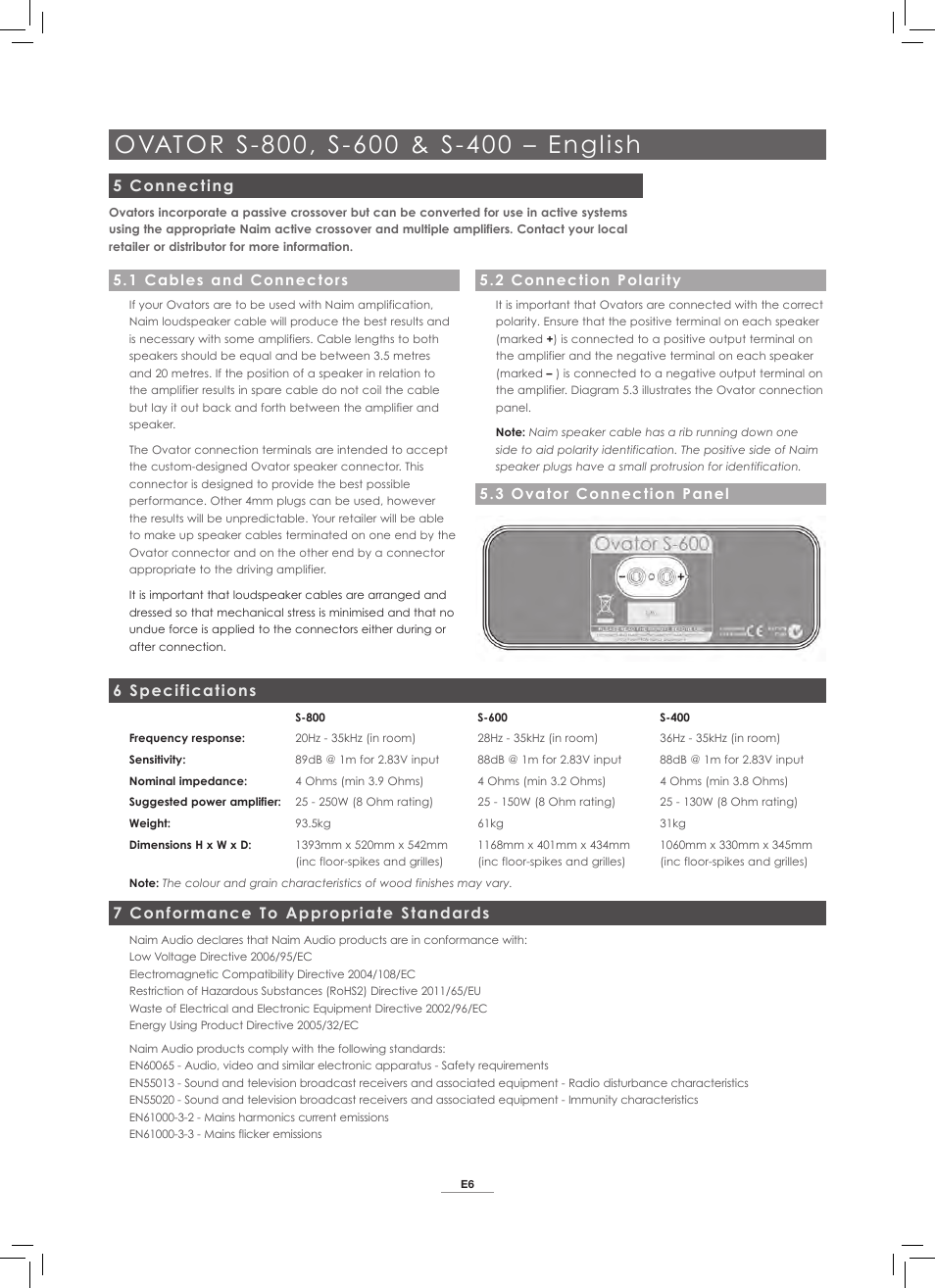 5 connecting, 6 specifications, 7 conformance to appropriate standards | Naim Audio Ovator S-800 User Manual | Page 7 / 72