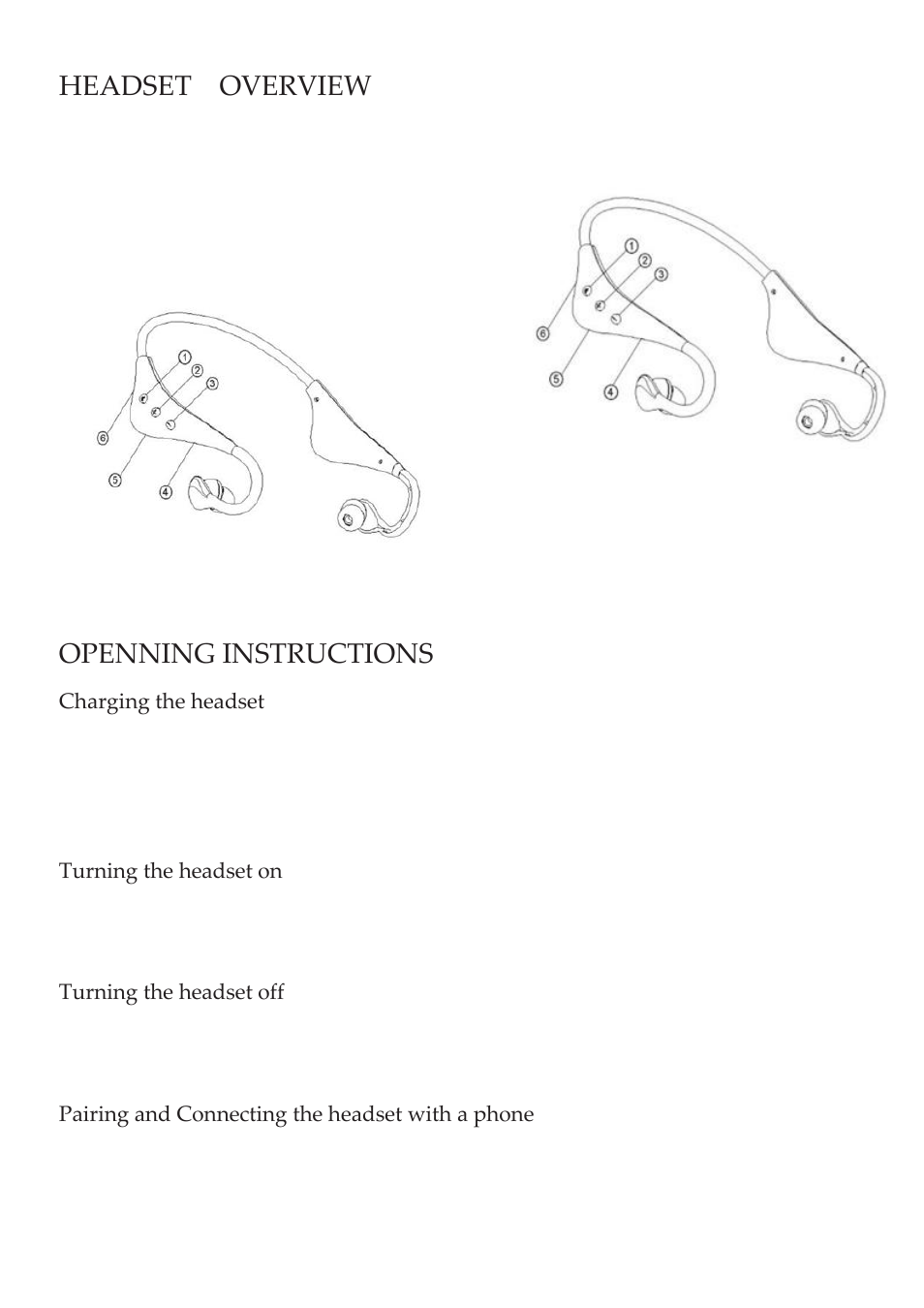 Headset overview, Openning instructions | Lenco BH-100 User Manual | Page 2 / 6