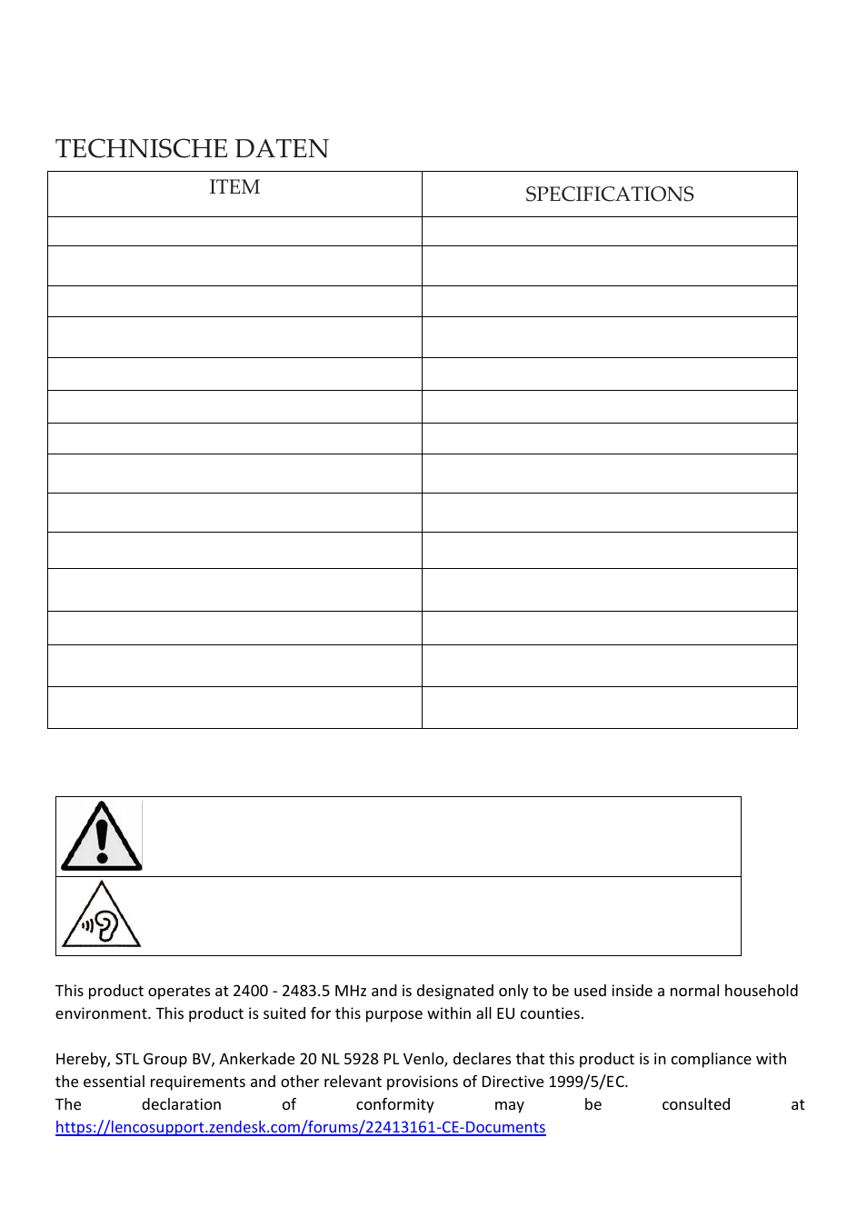 Technische daten, Item, Specifications | Lenco BH-100 User Manual | Page 4 / 6