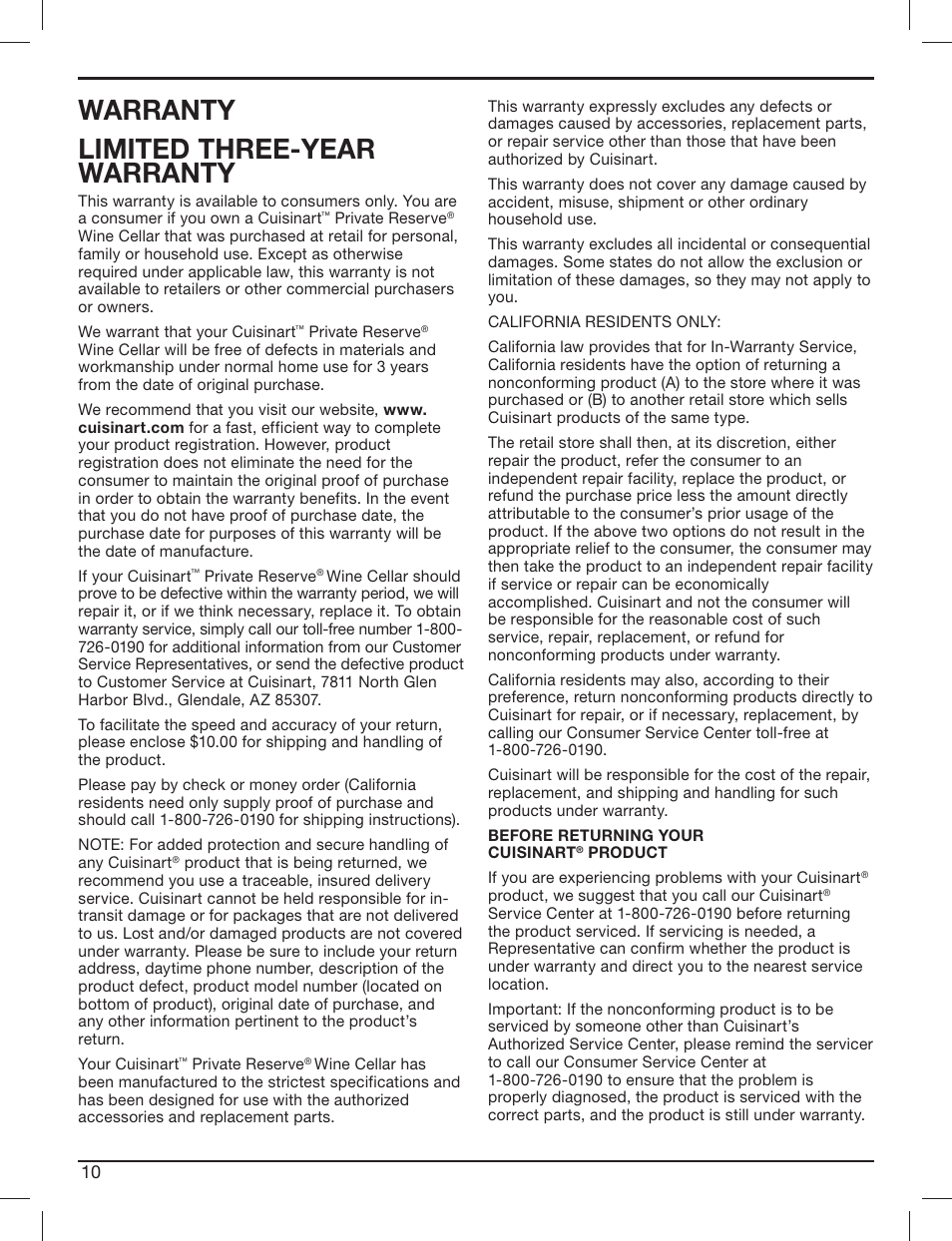 Warranty limited three-year warranty | Cuisinart PRIVATE RESERVE CWC-3200 User Manual | Page 10 / 13