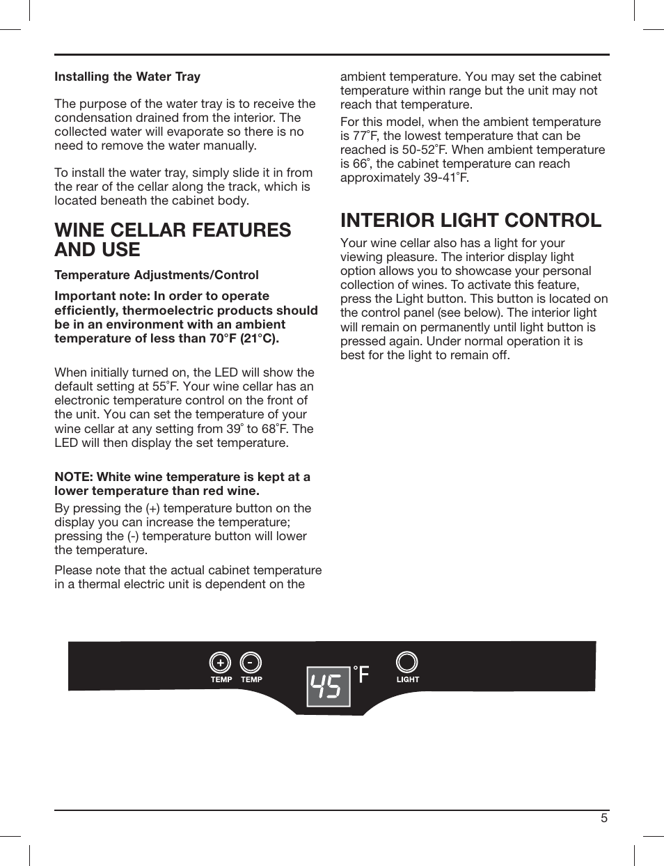Wine cellar features and use, Interior light control | Cuisinart PRIVATE RESERVE CWC-3200 User Manual | Page 5 / 13