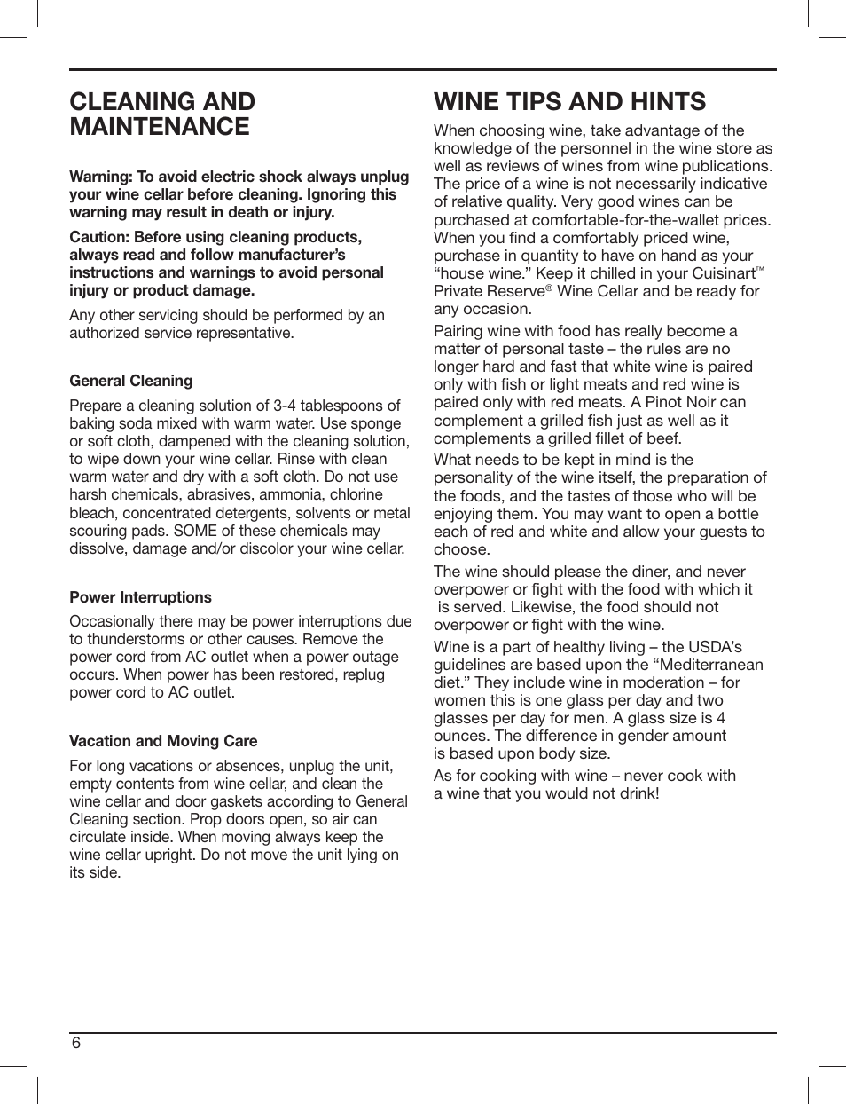 Cleaning and maintenance, Wine tips and hints | Cuisinart PRIVATE RESERVE CWC-3200 User Manual | Page 6 / 13