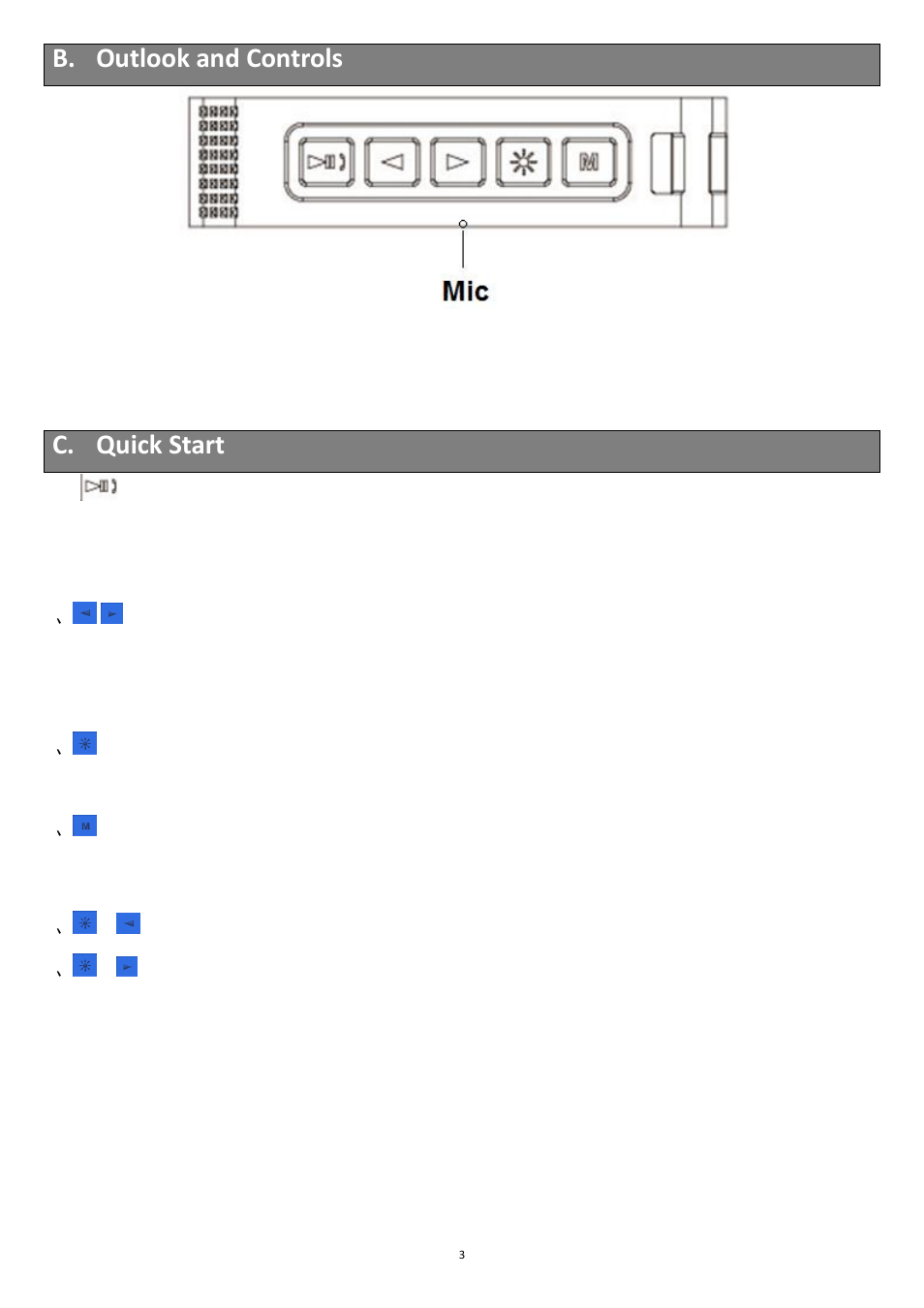 B. outlook and controls, C. quick start | Lenco BT-160 Light User Manual | Page 3 / 8