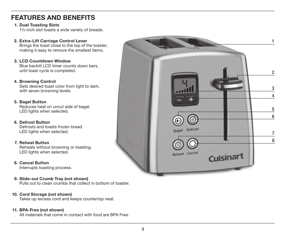 Features and benefits | Cuisinart COUNTDOWN CLASSIC 2-SLICE TOASTER CPT-415 User Manual | Page 3 / 8