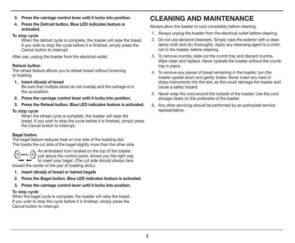 Cleaning and maintenance | Cuisinart COUNTDOWN CLASSIC 2-SLICE TOASTER CPT-415 User Manual | Page 5 / 8