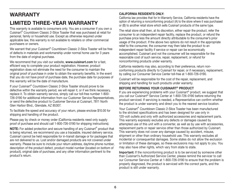 Warranty limited three-year warranty | Cuisinart COUNTDOWN CLASSIC 2-SLICE TOASTER CPT-415 User Manual | Page 6 / 8