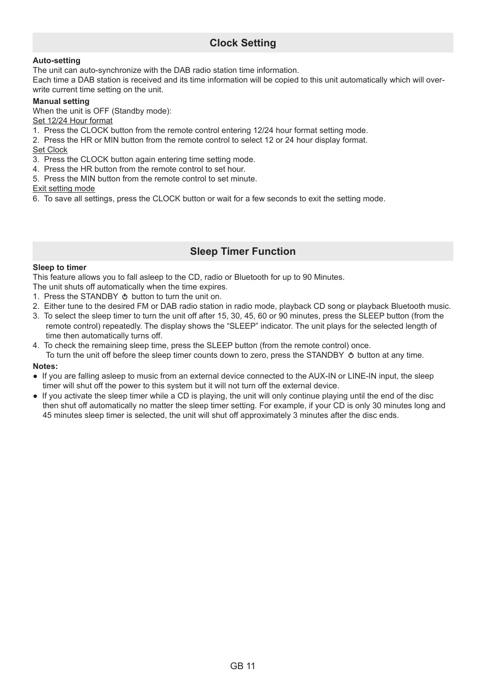 Clock setting, Sleep timer function | Lenco BT-9000 User Manual | Page 11 / 71