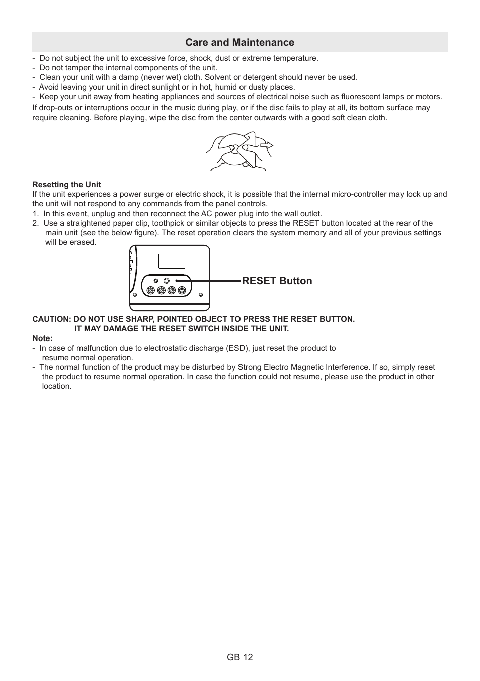 Care and maintenance reset button | Lenco BT-9000 User Manual | Page 12 / 71