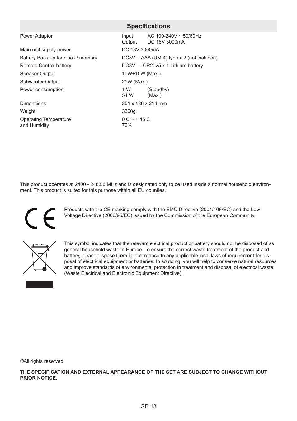 Specifications | Lenco BT-9000 User Manual | Page 13 / 71