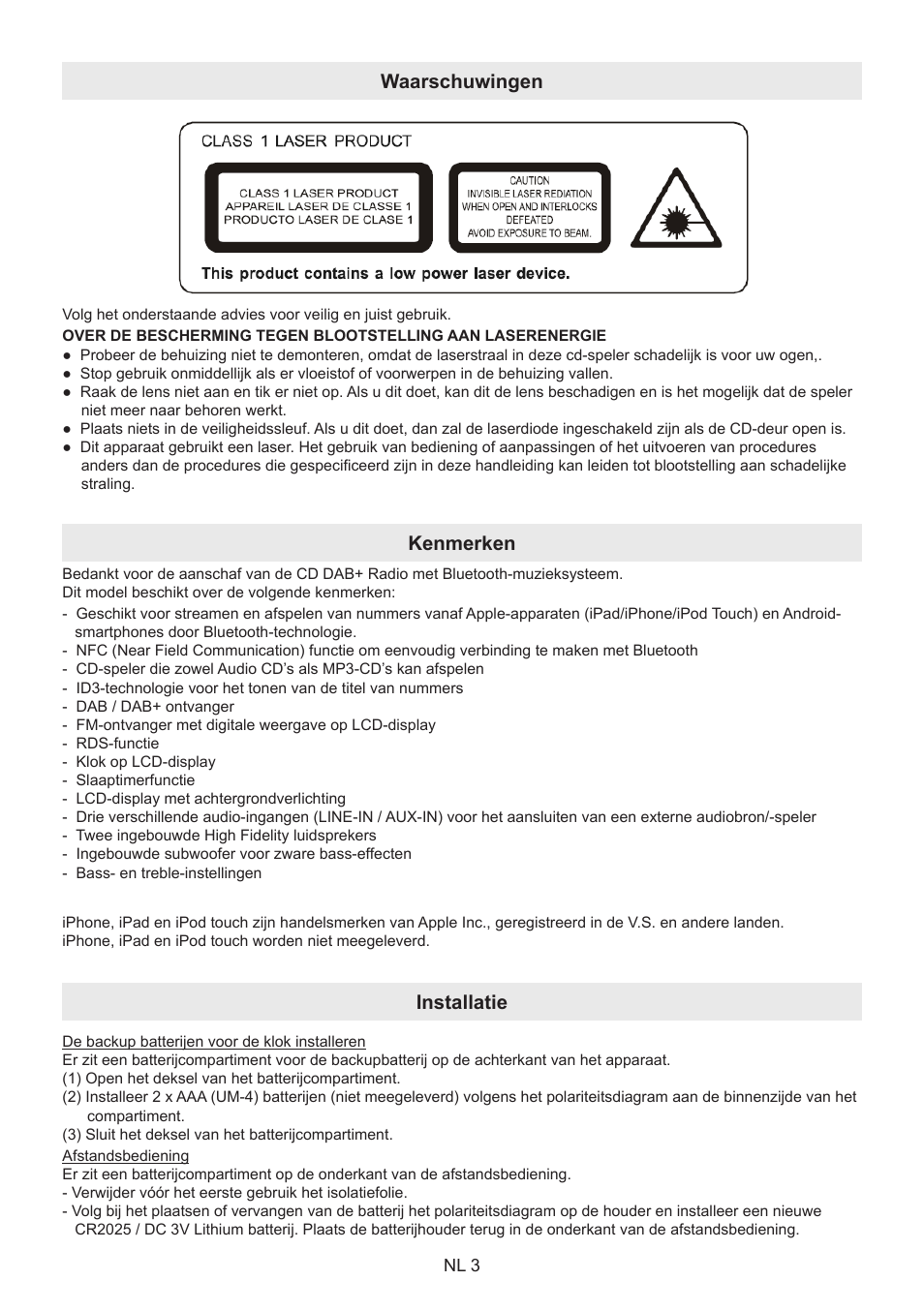 Waarschuwingen, Kenmerken, Installatie | Lenco BT-9000 User Manual | Page 17 / 71