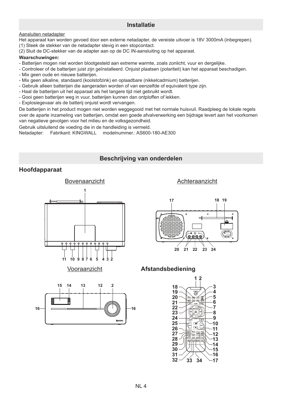 Installatie, Vooraanzicht, Afstandsbediening | Lenco BT-9000 User Manual | Page 18 / 71