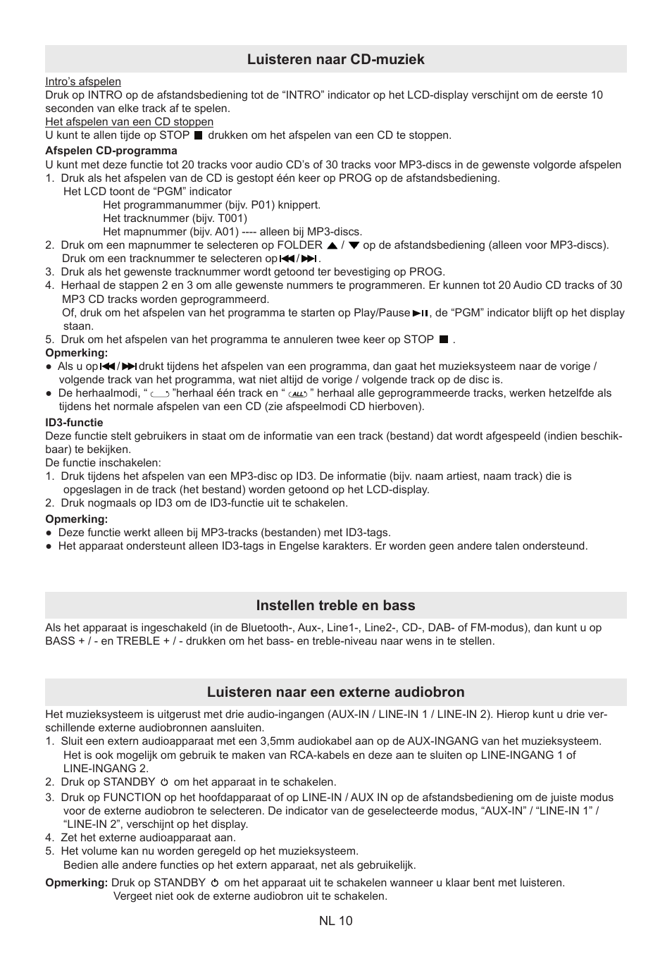 Luisteren naar cd-muziek instellen treble en bass, Luisteren naar een externe audiobron | Lenco BT-9000 User Manual | Page 24 / 71