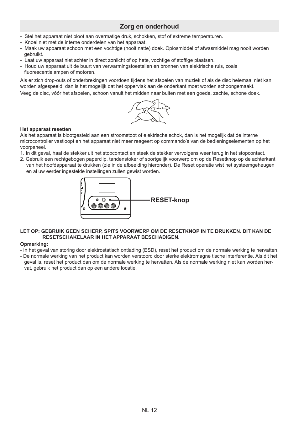 Zorg en onderhoud reset-knop | Lenco BT-9000 User Manual | Page 26 / 71