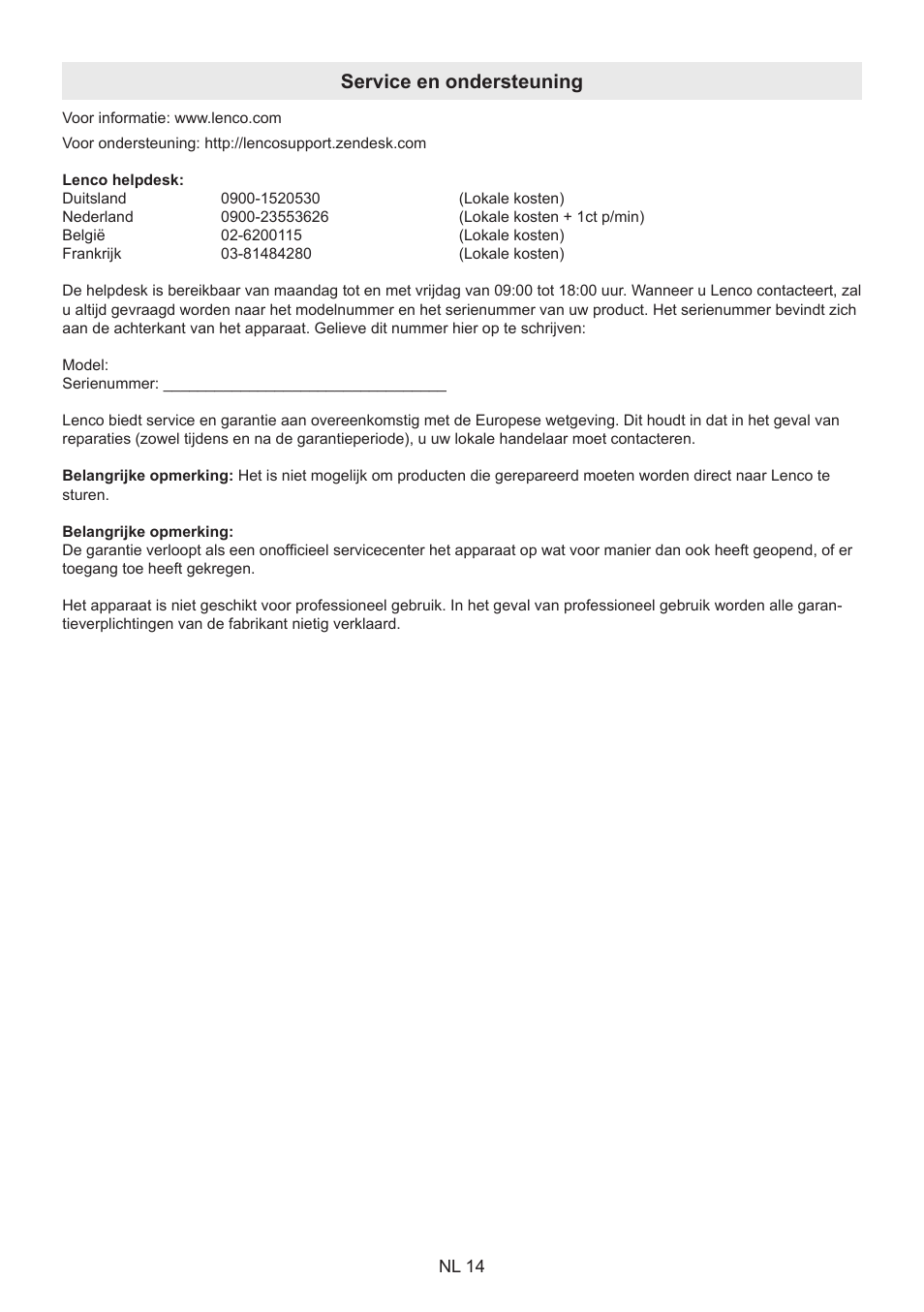 Service en ondersteuning | Lenco BT-9000 User Manual | Page 28 / 71