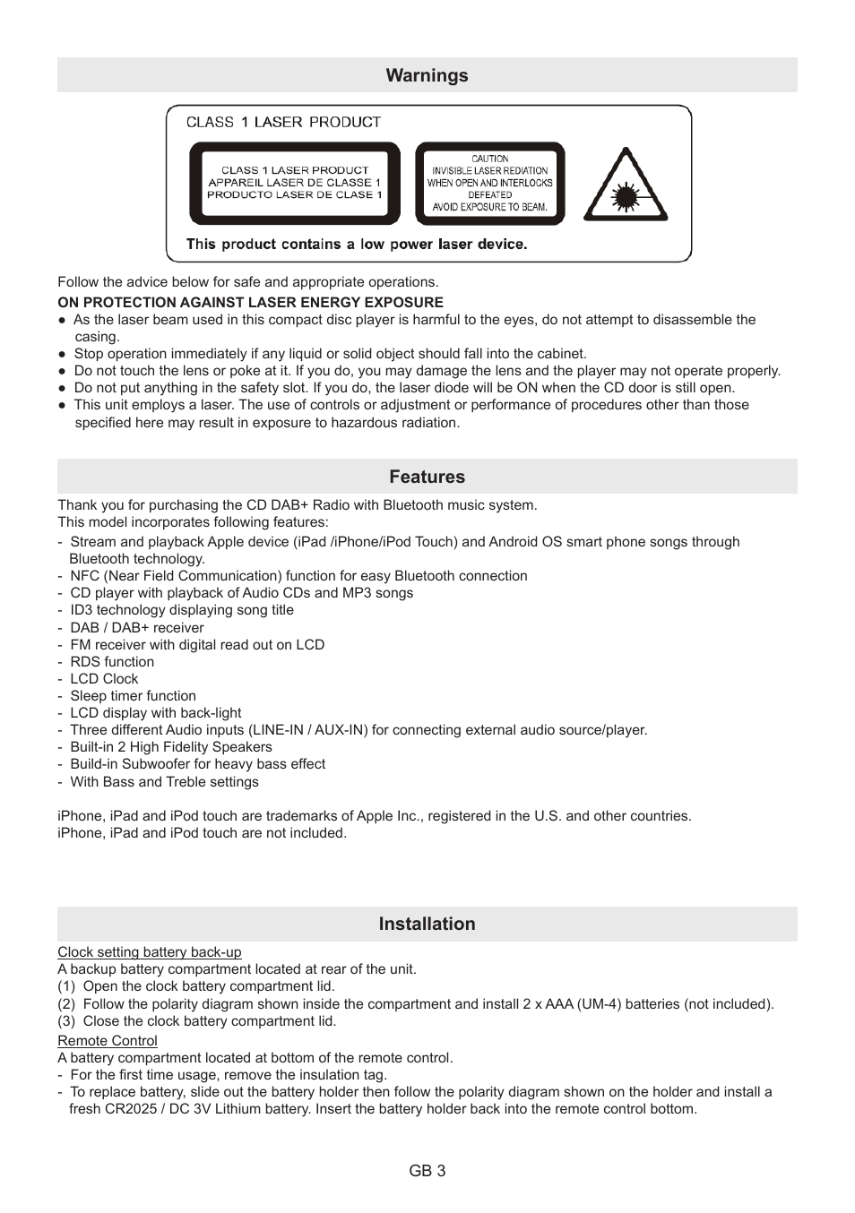 Warnings, Features, Installation | Lenco BT-9000 User Manual | Page 3 / 71