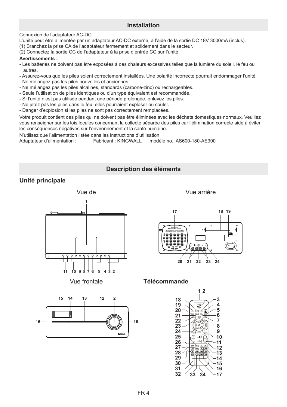 Installation, Unité principale vue de vue arrière, Vue frontale | Télécommande description des éléments | Lenco BT-9000 User Manual | Page 32 / 71