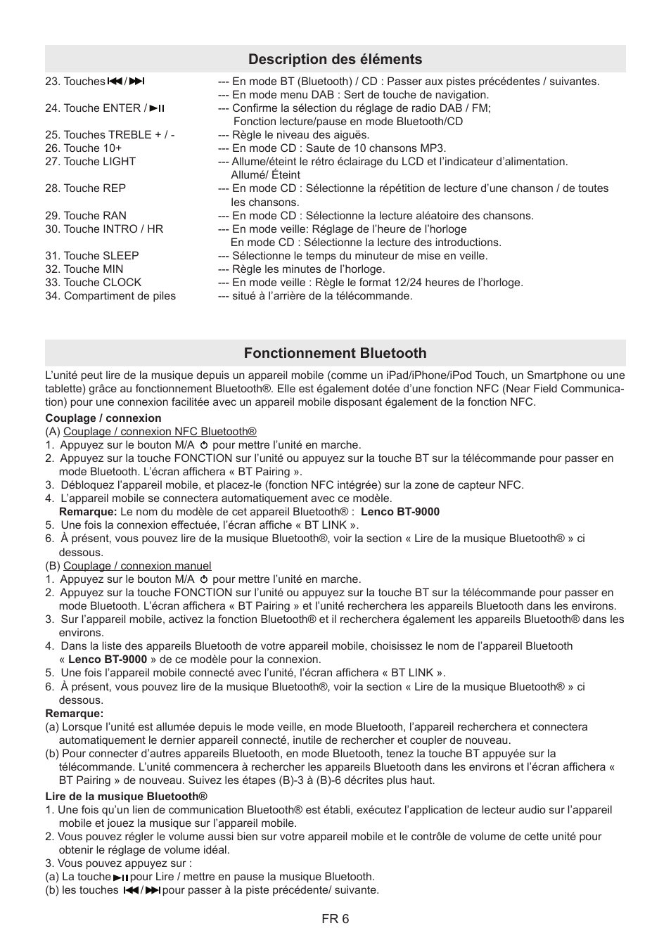 Description des éléments fonctionnement bluetooth | Lenco BT-9000 User Manual | Page 34 / 71