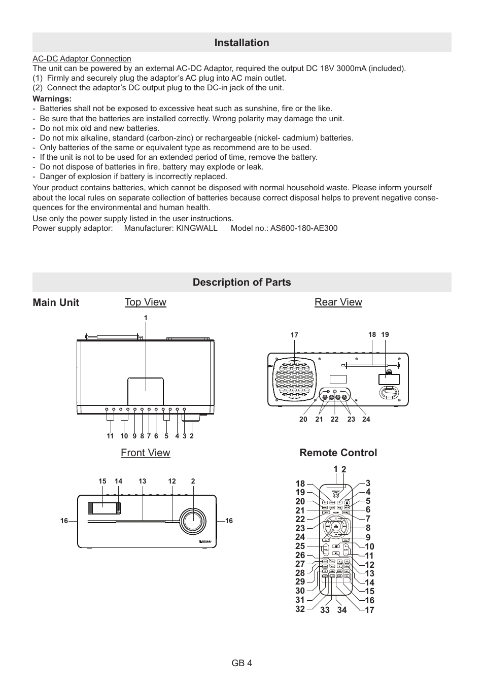 Installation, Description of parts main unit top view rear view, Front view | Remote control | Lenco BT-9000 User Manual | Page 4 / 71