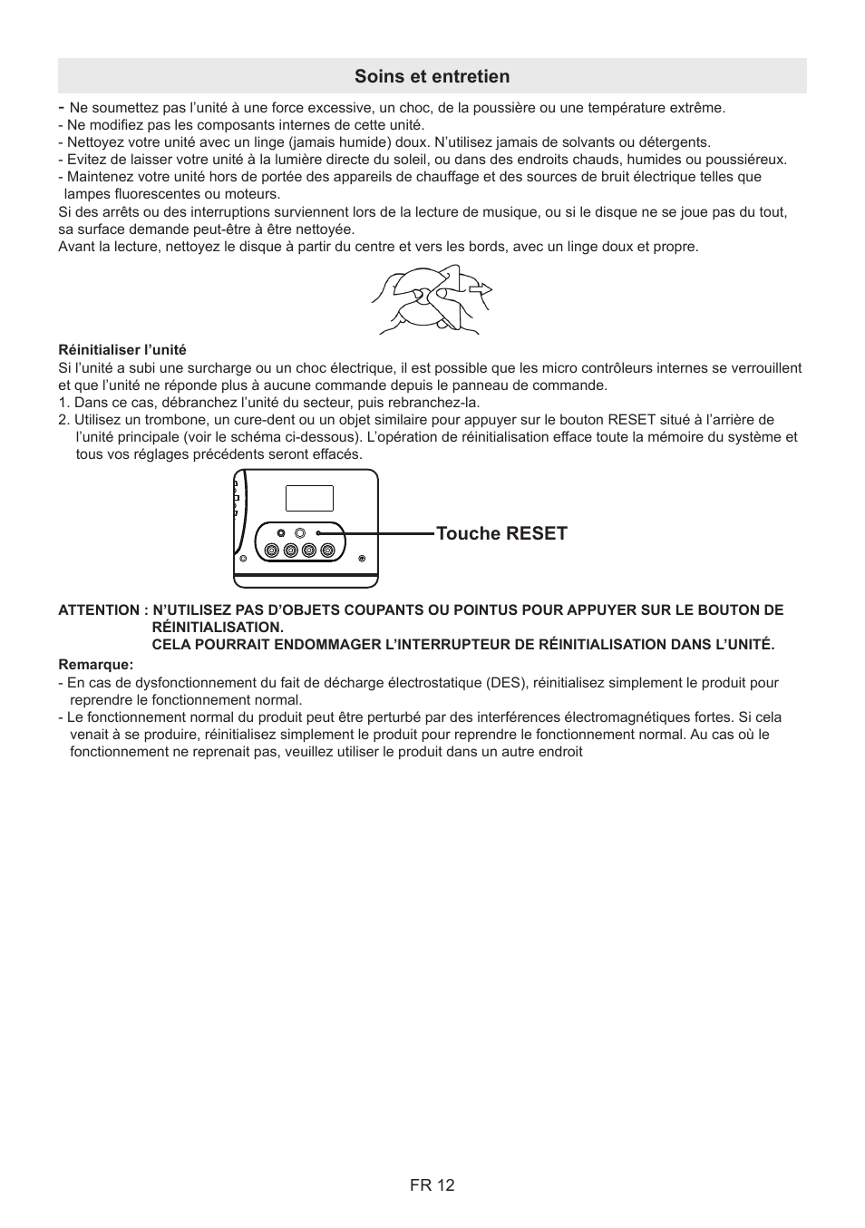 Soins et entretien, Touche reset | Lenco BT-9000 User Manual | Page 40 / 71