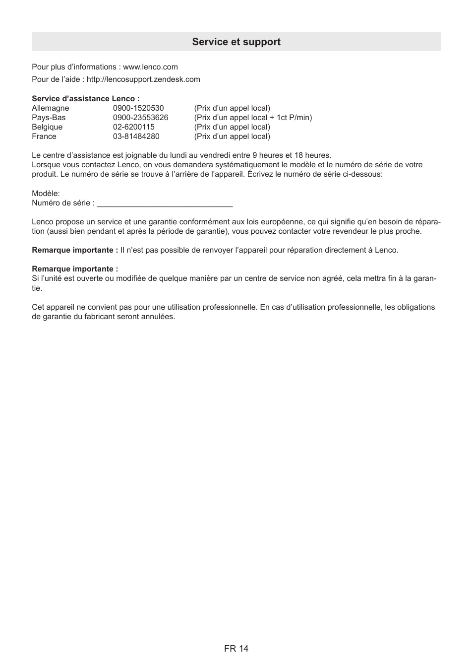 Service et support | Lenco BT-9000 User Manual | Page 42 / 71