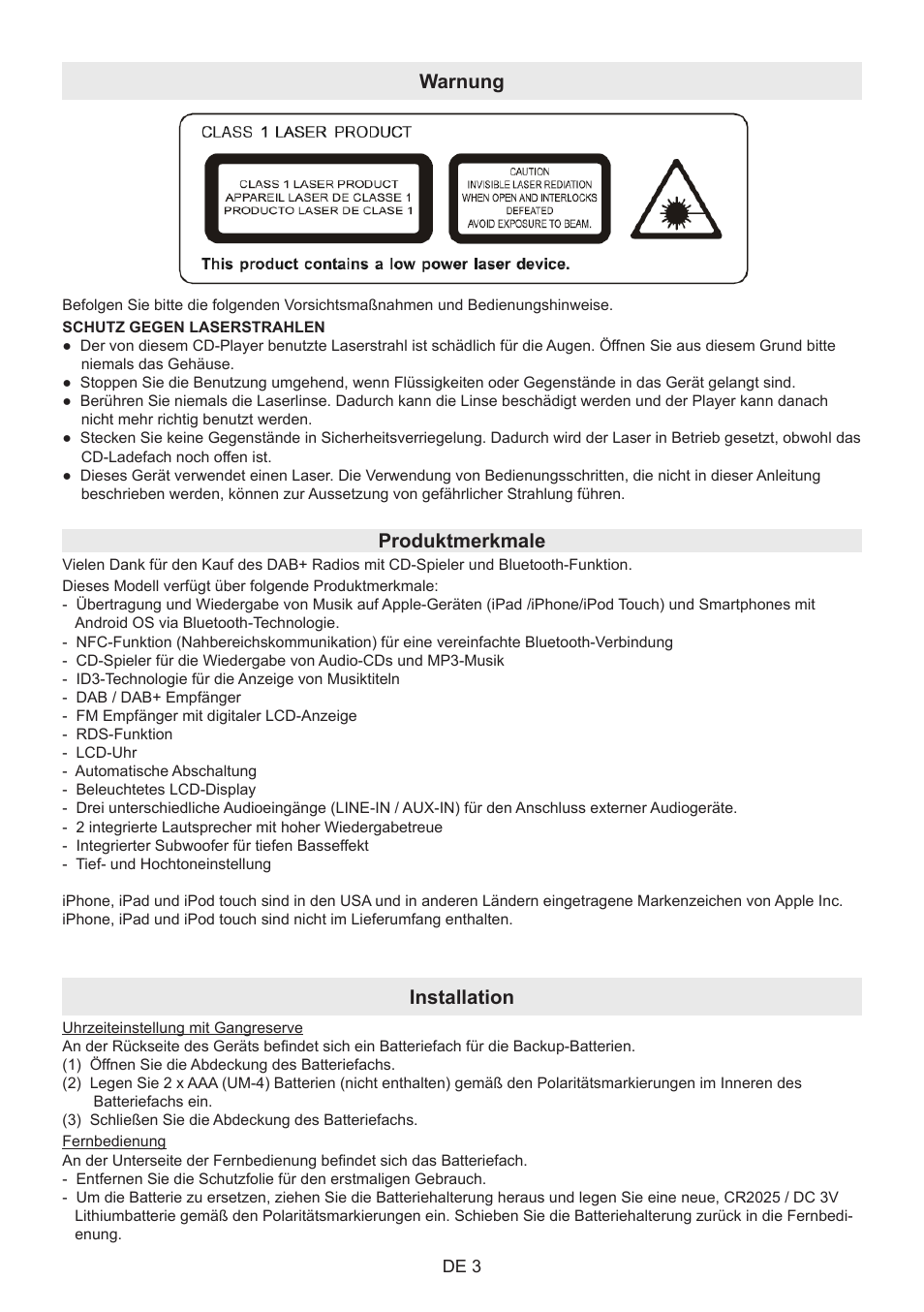Warnung, Produktmerkmale, Installation | Lenco BT-9000 User Manual | Page 45 / 71