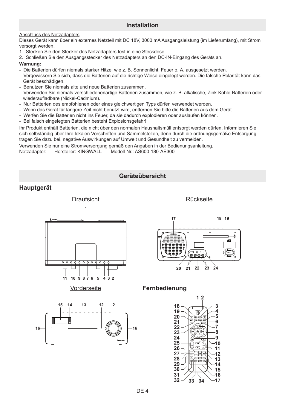 Installation, Geräteübersicht hauptgerät draufsicht rückseite, Vorderseite | Fernbedienung | Lenco BT-9000 User Manual | Page 46 / 71