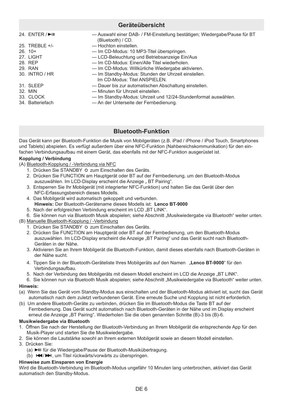 Geräteübersicht bluetooth-funktion | Lenco BT-9000 User Manual | Page 48 / 71