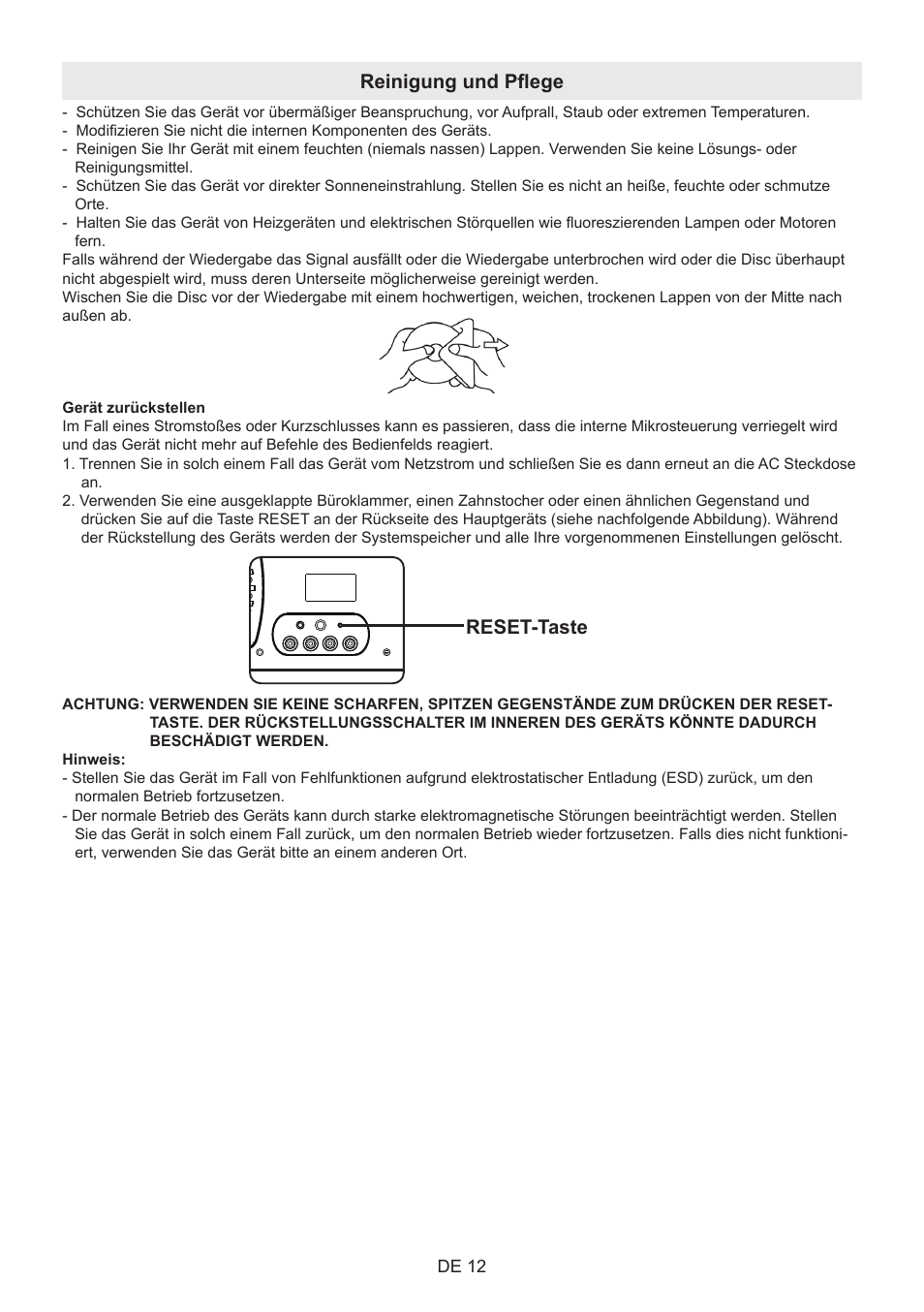 Reinigung und pflege, Reset-taste | Lenco BT-9000 User Manual | Page 54 / 71