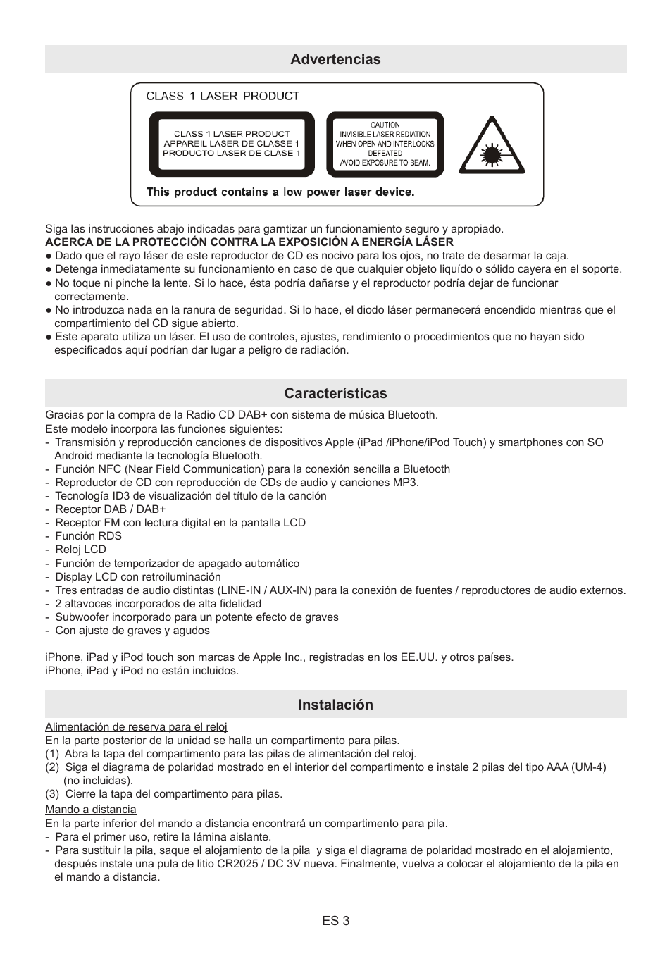 Advertencias, Características, Instalación | Lenco BT-9000 User Manual | Page 59 / 71