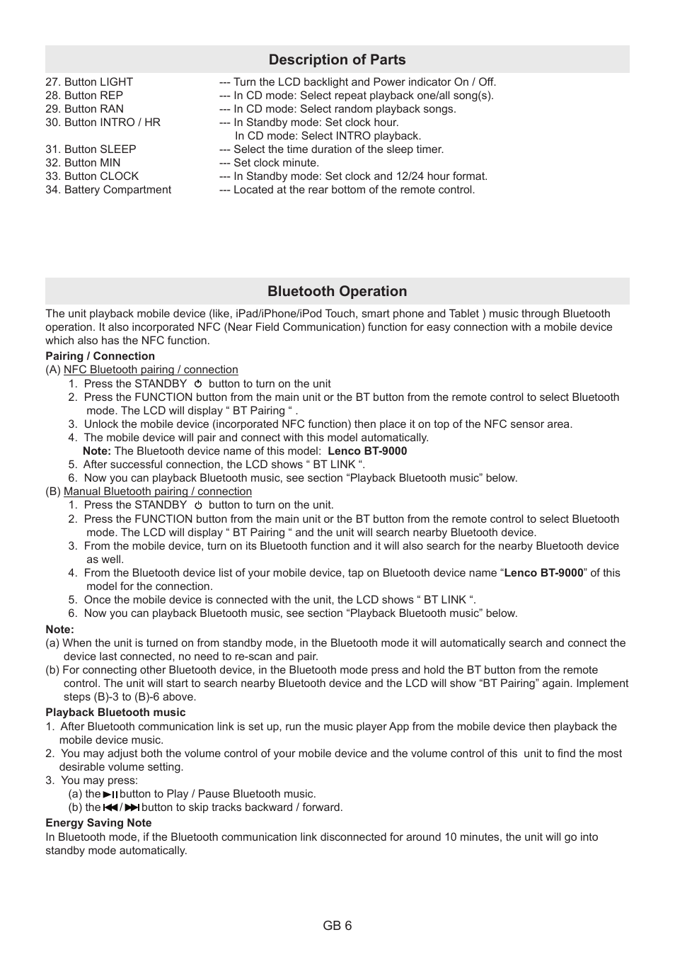 Description of parts, Bluetooth operation | Lenco BT-9000 User Manual | Page 6 / 71