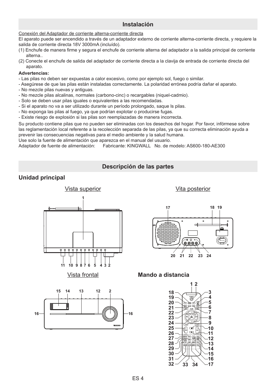 Instalación, Vista frontal, Mando a distancia | Lenco BT-9000 User Manual | Page 60 / 71